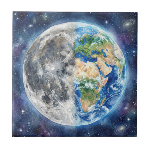 Erde & Mond Wasserfarben-Galaxie Himmelsdesign Fliese