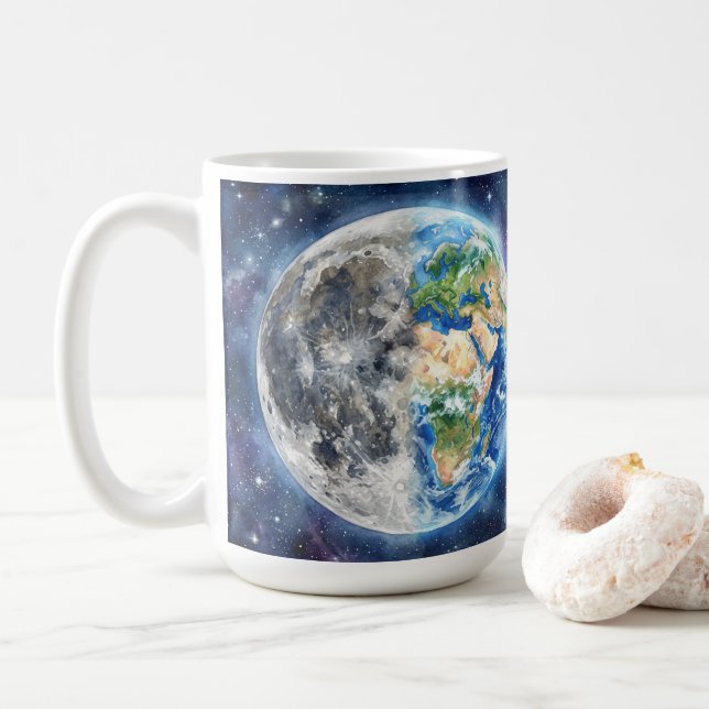 Erde & Mond Wasserfarben-Galaxie Himmelsdesign Kaffeetasse (Mit Donut)