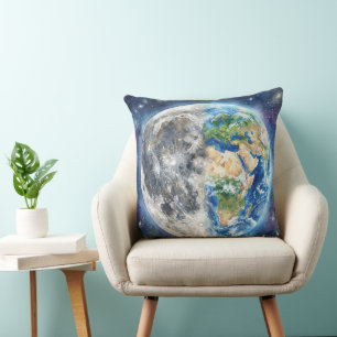 Erde & Mond Wasserfarben-Galaxie Himmelsdesign Kissen