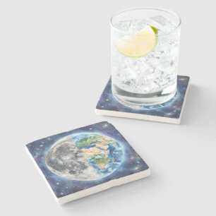 Erde & Mond Wasserfarben-Galaxie Himmelsdesign Steinuntersetzer
