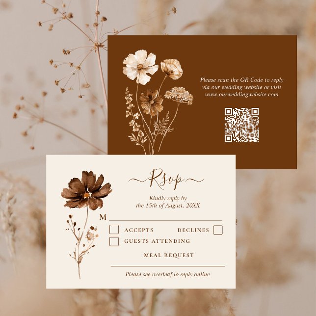 Erdfarbene getrocknete Wildblumen Boho QR-Code Hoc RSVP Karte (Von Creator hochgeladen)