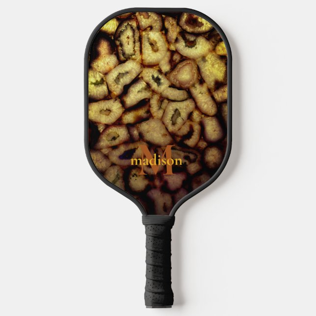 Erdgrün Gold schwarzer Quarz Agates Monogramm Pickleball Schläger (Vorderseite)