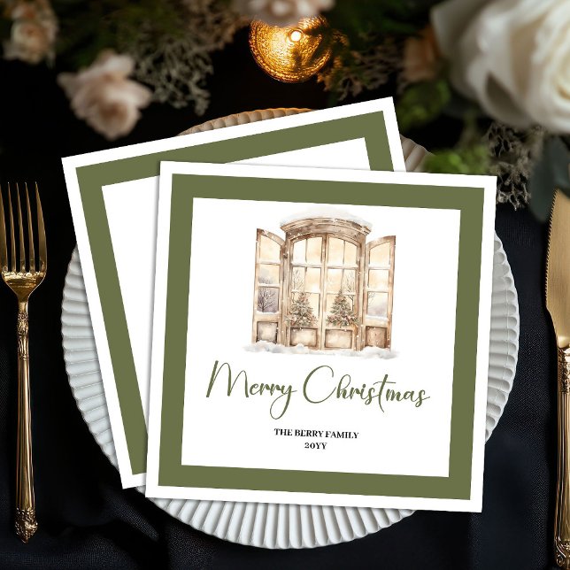 Erdgrüne Weihnachts-Tür personalisierte Servietten (Earthy Green Christmas Door Personalized Napkins)