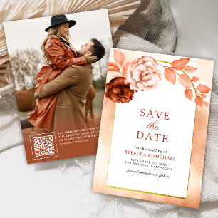 Erdige Aquarell-Blumen-Terrakotta-Hochzeitsfoto Save The Date