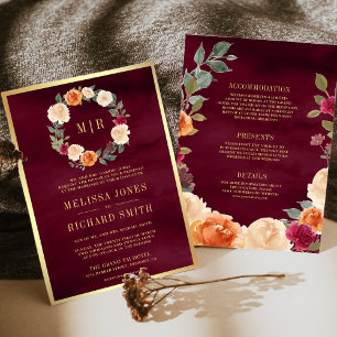 Erdige Blumenkrone - Burgunder Hochzeit in einem Einladung