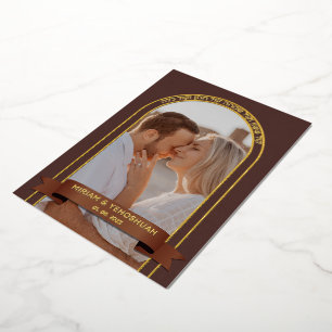 Erdige Boho-Bogen-Foto-Jüdische Chuppah-Hebräisch Folieneinladung