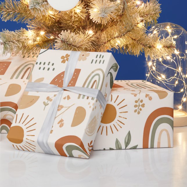 Erdige Boho-Regenbogen- & Blumenverpackungspapier Geschenkpapier (Feiertage)