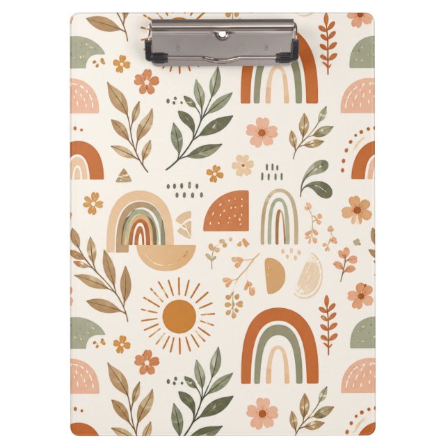 Erdige Boho-Regenbogen-Sonne-Blumen-Mappe Klemmbrett (Vorderseite)