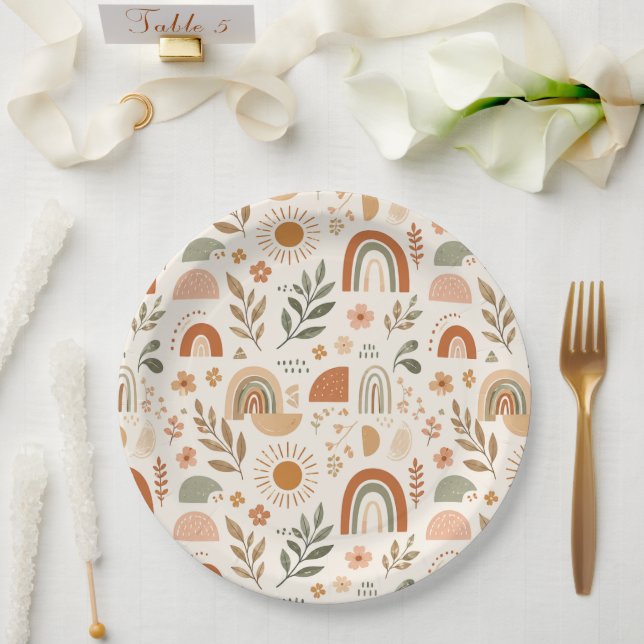 Erdige Boho-Regenbogen-Sonne-Blumen-Papierplatte Pappteller (Hochzeit)