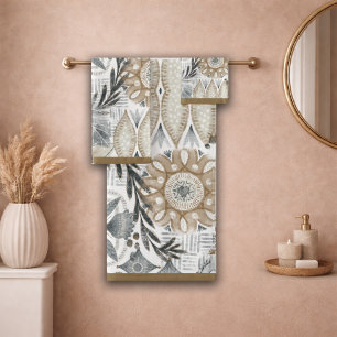 Erdige Boho-Sand-Grau-Botanikmuster Badhandtuch Set
