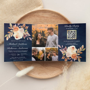 Erdige Elfenbein Blumen Navyblau QR-Code Hochzeit Dreifach Gefaltete Einladung