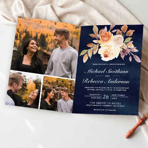 Erdige Elfenbein Blumen QR Code Navy Blau Hochzeit Einladung