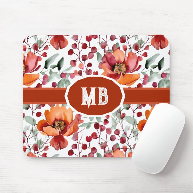 Erdige Farben, monogrammierte Herbstblumen Mousepad (Mit Mouse)