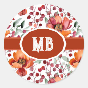 Erdige Farben, monogrammierte Herbstblumen Runder Aufkleber
