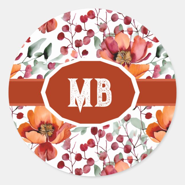 Erdige Farben, monogrammierte Herbstblumen Runder Aufkleber (Vorderseite)
