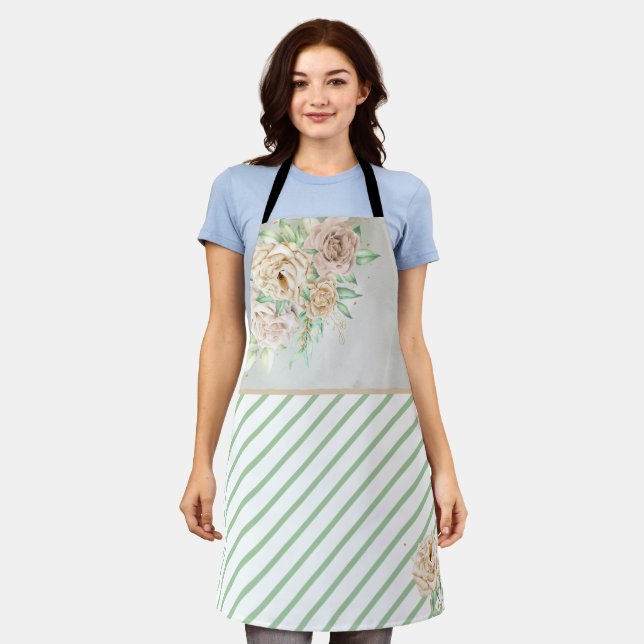 Erdige Farbtöne Blumen Boho Elegant Salbei Grün Schürze (Getragen)