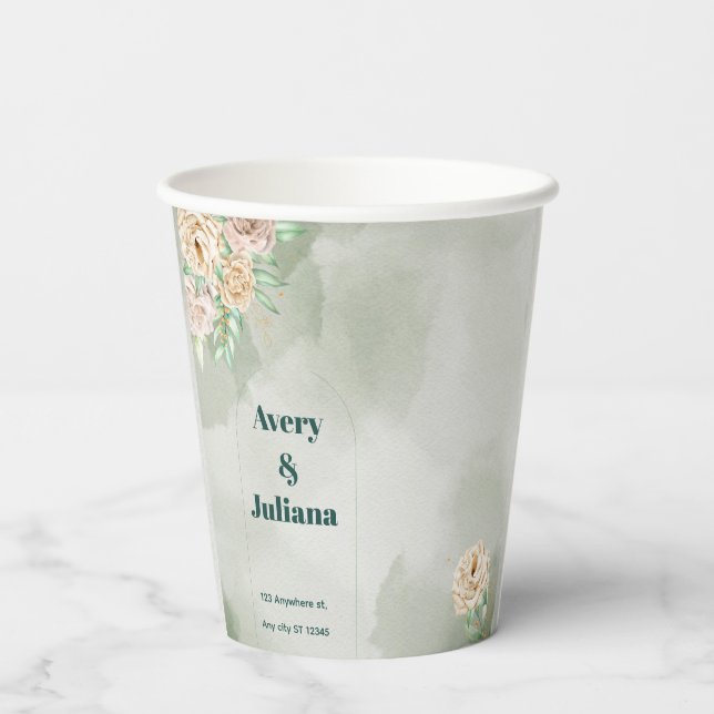 Erdige Farbtöne Blumen Boho Elegant Salbeigrün Pappbecher (Rückseite)