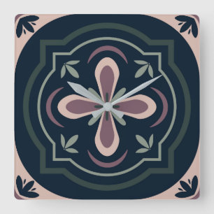 Erdige florale geometrische Fliesen Quadratische Wanduhr