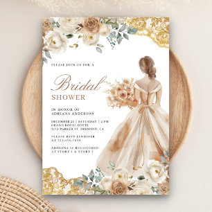 Erdige Florale Goldene Spitzenrobe Brautkleid Brau Einladung