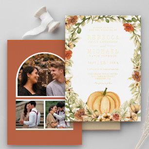 Erdige Florale Kürbis-Foto-Collage-Hochzeit Gold Folieneinladung