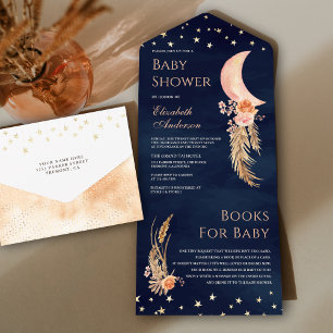 Erdige Florale Mondsichel Marineblaue Babyparty All In One Einladung