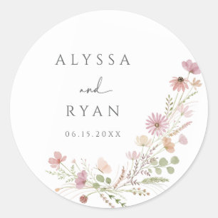 Erdige neutrale Wildblumen-Hochzeit im Blumenstil Runder Aufkleber