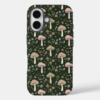 Erdige Olivgrüne Pilze Nahtloses Muster Boho iPhone 16 Hülle