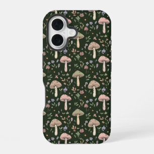 Erdige Olivgrüne Pilze Nahtloses Muster Boho iPhone 16 Hülle