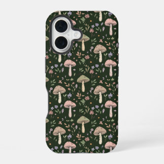 Erdige Olivgrüne Pilze Nahtloses Muster Boho iPhone 16 Hülle
