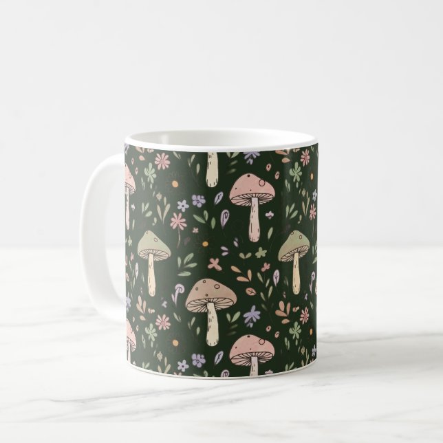 Erdige Olivgrüne Pilze Nahtloses Muster Rustikal Kaffeetasse (Vorderseite Links)
