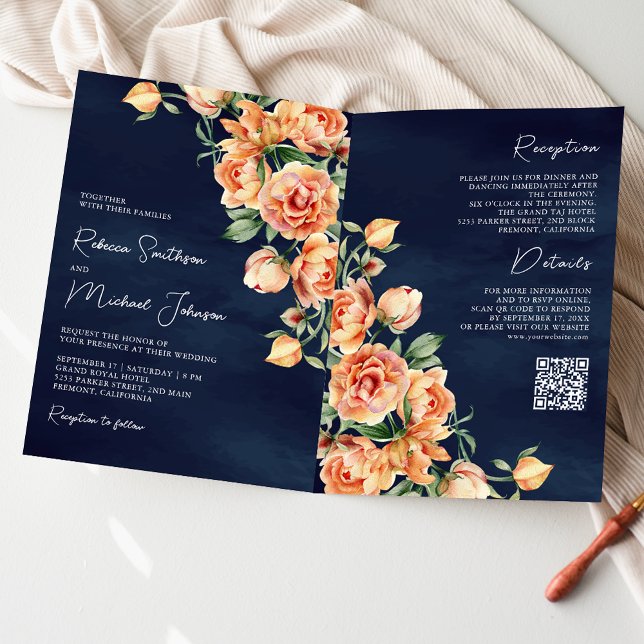 Erdige Pfirsich-Blumen-Navy-Blue-QR-Code-Hochzeit Einladung (Von Creator hochgeladen)