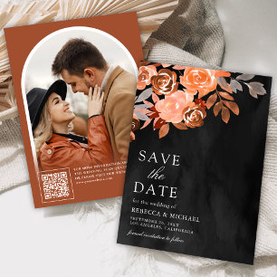 Erdige Terrakotta-Blumen-Hochzeitsfoto Schwarz Save The Date