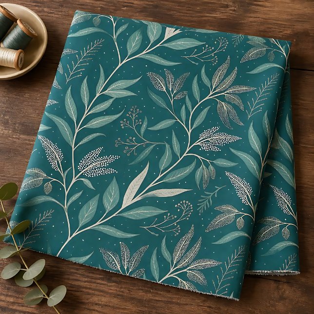 Erdige, tief tealgrüne botanische Blattmuster Stoff (Von Creator hochgeladen)