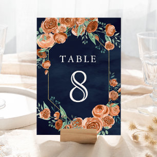 Erdige verbrannte orangefarbene Rosen Florale Navy Tischnummer