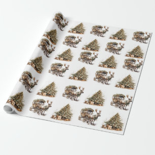 Erdiger grüner goldener Weihnachts-Rentier-Karrenb Geschenkpapier