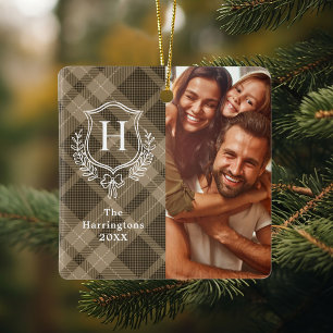 Erdiges Plaid-Familienwappen-Foto-Weihnachten Keramikornament