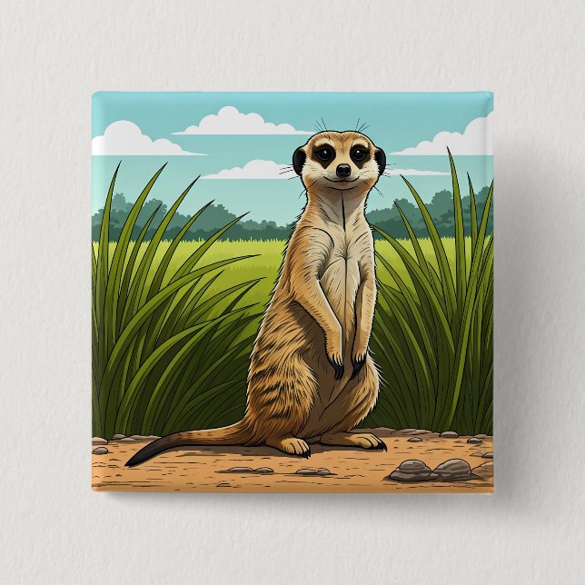 Erdmännchen steht wachsam in einem Grasfeld Button (Vorderseite)
