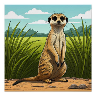 Erdmännchen steht wachsam in einem Grasfeld Poster