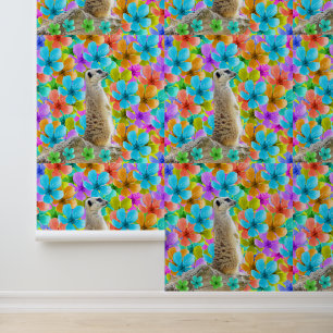 Erdmännchen und mehrfarbige Blüten, Tapete