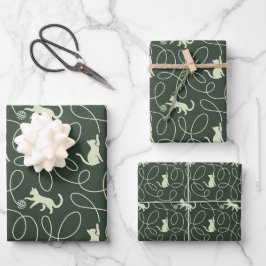 Erdneutrales Katze und Garnknäuel Wald-Sage-Grün Geschenkpapier Set