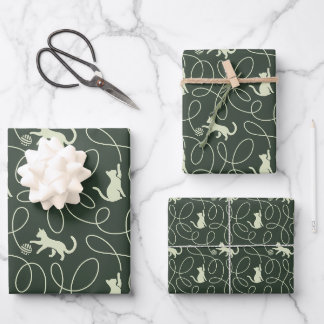 Erdneutrales Katze und Garnknäuel Wald-Sage-Grün Geschenkpapier Set