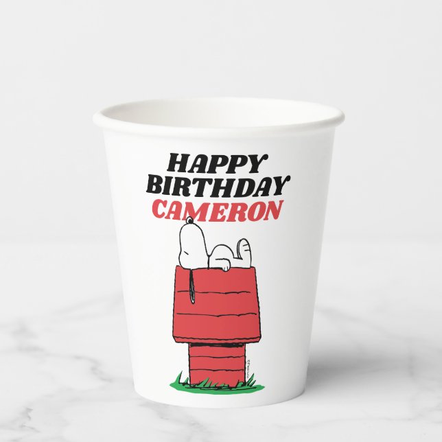Erdnuss Snoopy Hundehütte Geburtstag Papiertassen Pappbecher (Vorderseite)