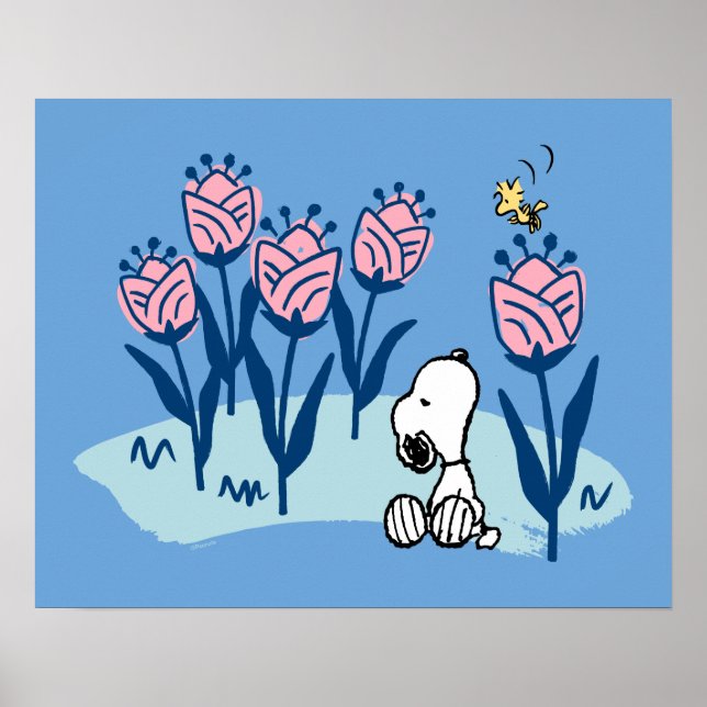 Erdnüsse | Garten mit Snoopie und Holzblumen Poster (Vorne)