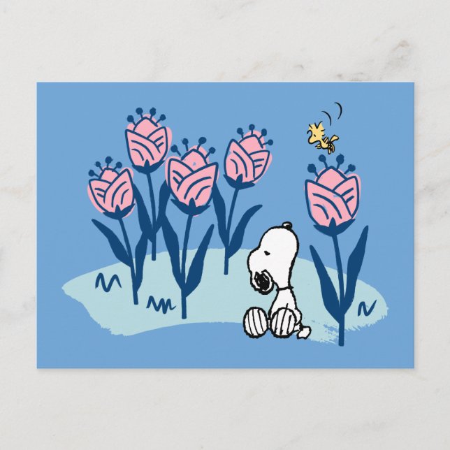 Erdnüsse | Garten mit Snoopie und Holzblumen Postkarte (Vorderseite)