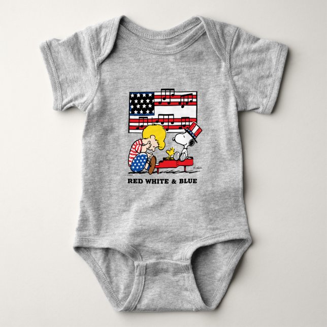 Erdnüsse | Patriotic Schroeder, Woodstock & Snoopy Baby Strampler (Vorderseite)
