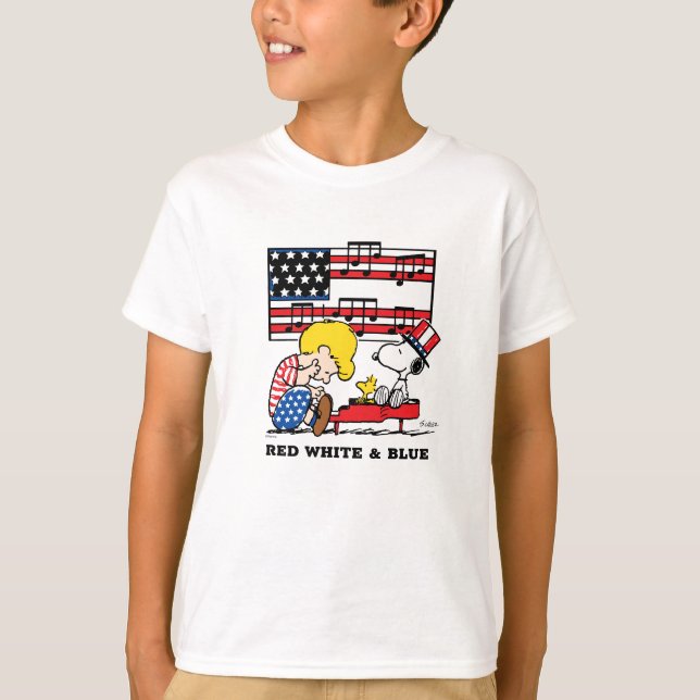 Erdnüsse | Patriotic Schroeder, Woodstock & Snoopy T-Shirt (Vorderseite)