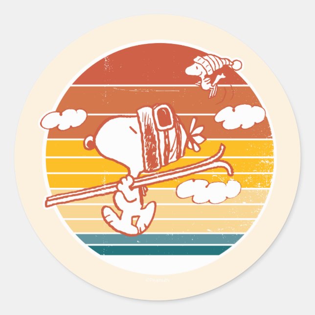 Erdnüsse | Skitour Snoopy & Woodstock Runder Aufkleber (Vorderseite)