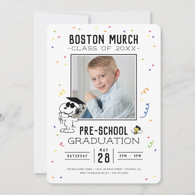 Erdnüsse | Snoopie und Abschluss aus Holz Einladung (Vorderseite)