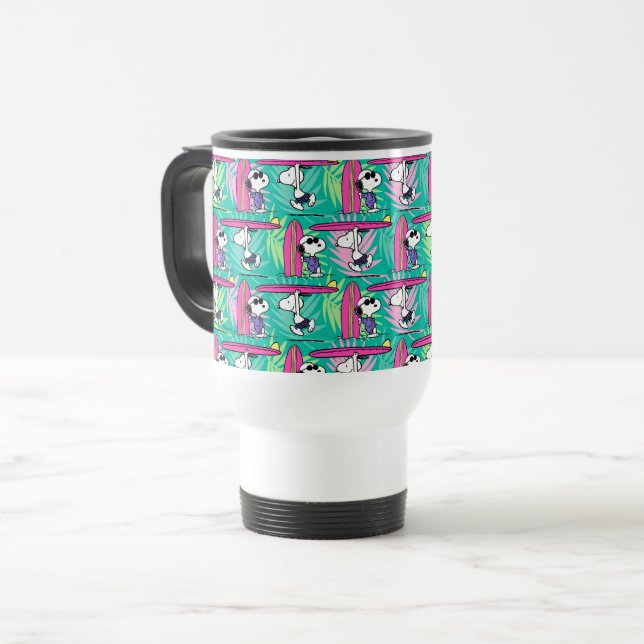 Erdnüsse | Snoopy Aquamarin Surfmuster Reisebecher (Vorderseite Links)