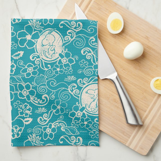 Erdnüsse | Snoopy Aquamarin tropisches Strandmuste Geschirrtuch (Viertel Falte)